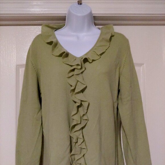 Prive 100% Cashmere L-Sleeve V-Neck Ruffle Key Lime Sweater Large - Picture 3 of 5